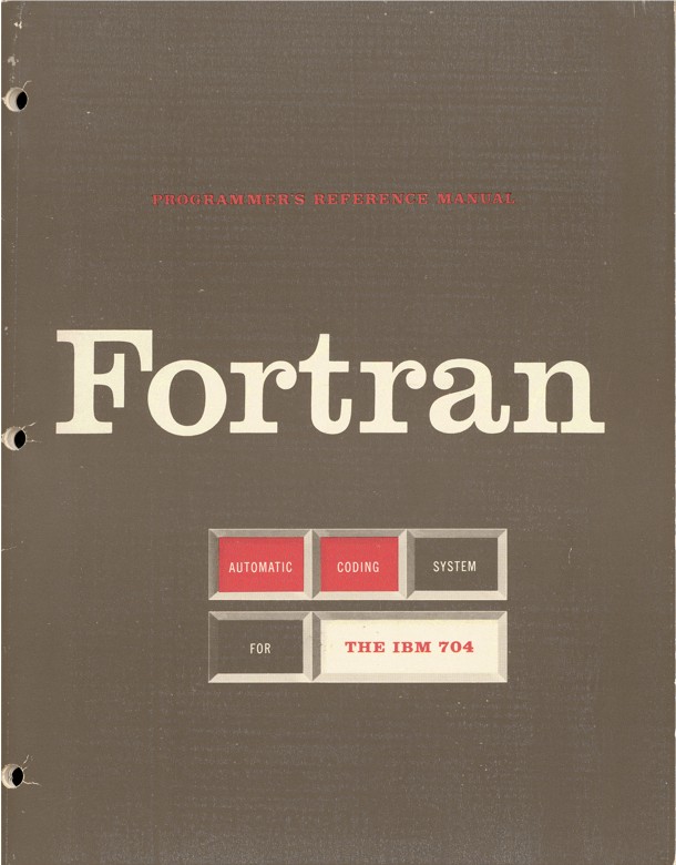 You see the front cover to a book, labelled, in bold slab serif letters: Fortran. The cover itself is brown and three holes are pierced through the side.