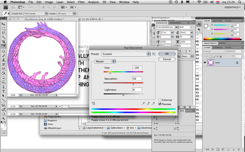 You see a screenshot of a photo-editing program in which an illustration of an uroboros is manipulated so that all its colors take on purplue hue.