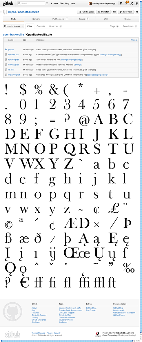 You see a screenshot from the GitHub interface. It consists of a file listing of the contents of a UFO folder called OpenBaskerville.ufo. Below extends a preview of all the glyphs contained within this UFO.